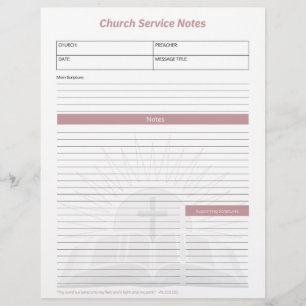 Church Service Christian Bible Notes Pink Letterhead
