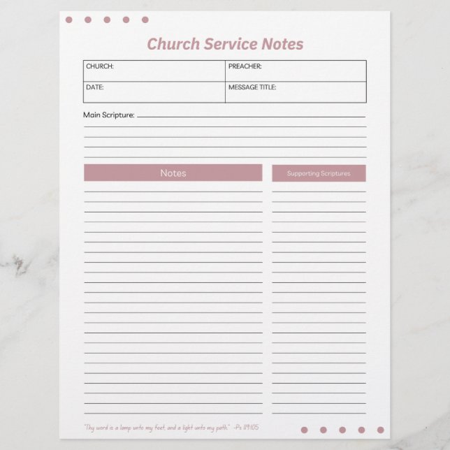 Church Service Christian Pink Notes  Letterhead (Front)