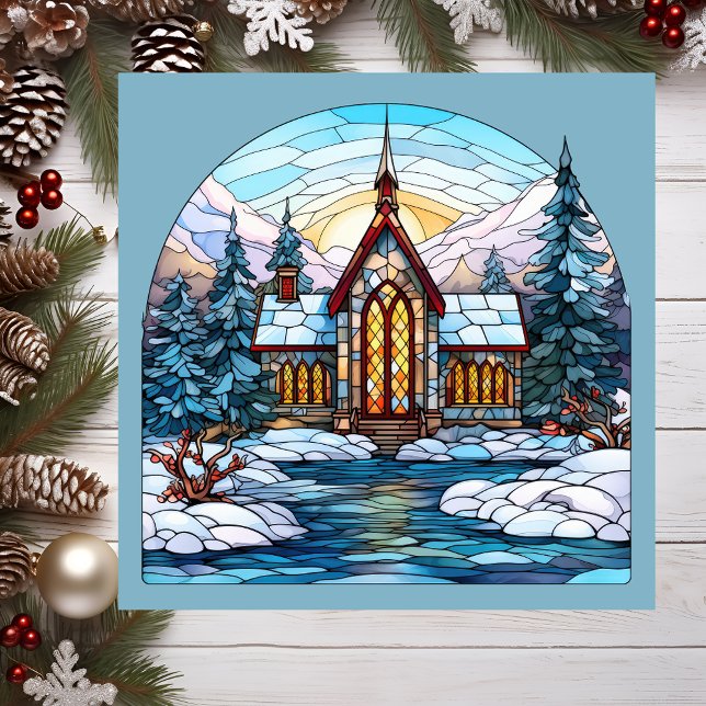 Church Steeple Christmas Carte magnétique de Noël (Stained glass church scene.)