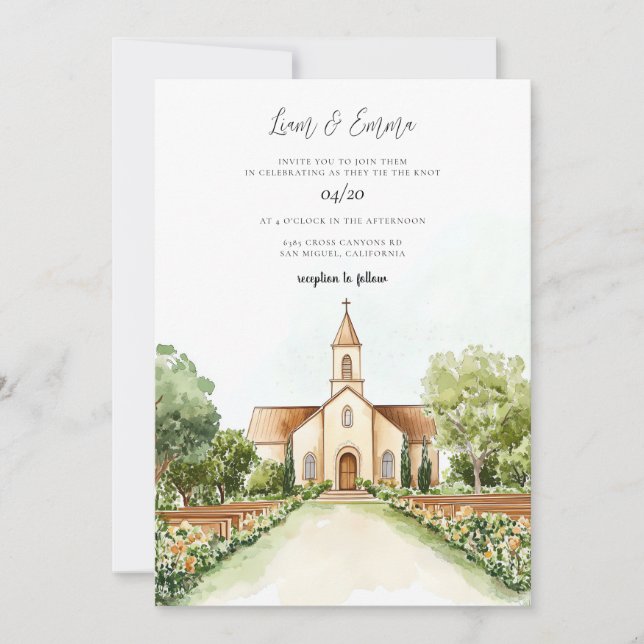 Church Watercolor Vinatge Wedding Invitation (Front)