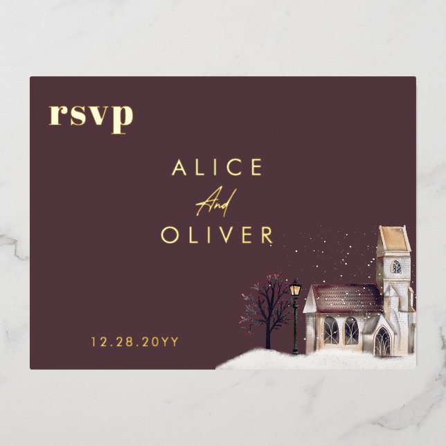 Church Watercolor Winter Religious Ceremony RSVP Foil Invitation Postcard (Front)