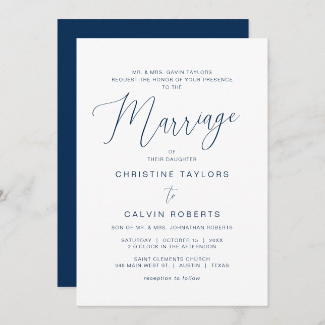 Church Wedding, Both Parents Hosting, Navy Blue Invitation (Front/Back)