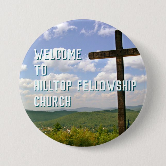 Church Welcome Pin Wooden Cross Custom Text (Front)