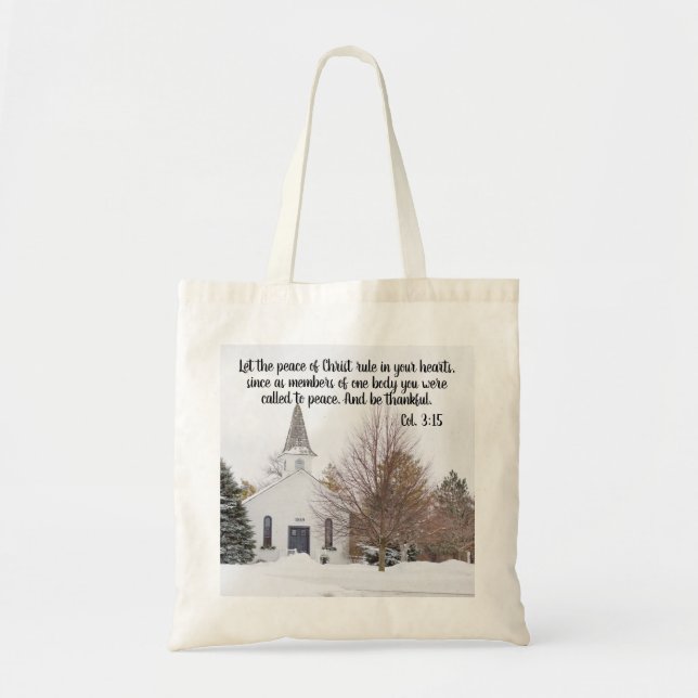 Church Winter Snow Bible Verse Photo Tote Bag (Front)