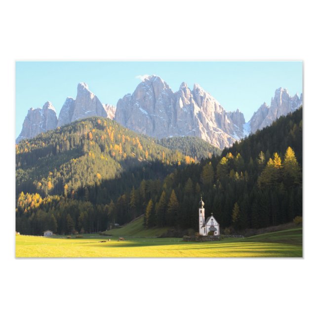 Church with Dolomites mountain background photo (Front)