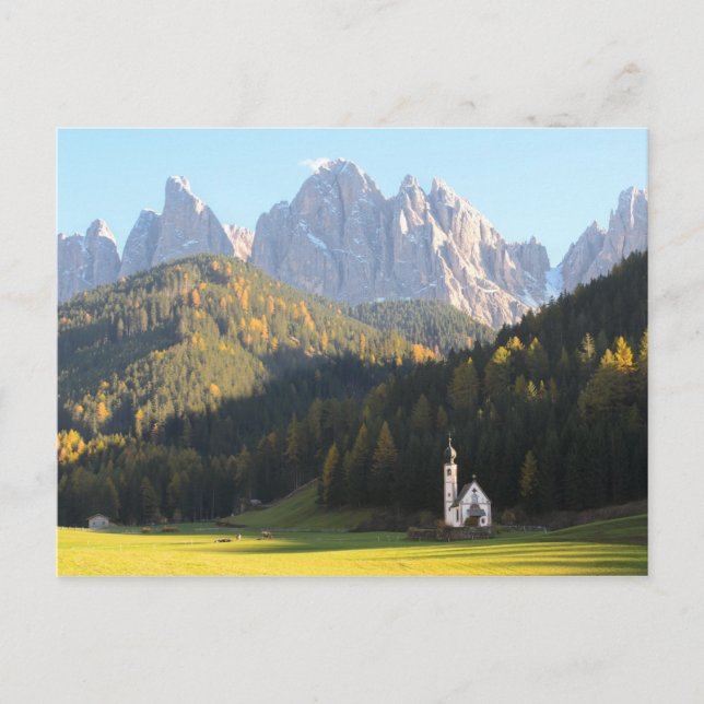 Church with Dolomites mountain background postcard (Front)