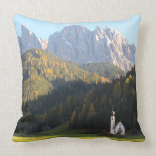 Church with Dolomites mountain throw pillow