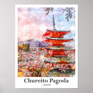 Chureito Pagoda Japan Travel Watercolor Hand Drawn Poster