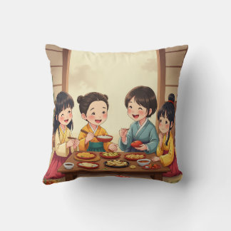 Chuseok food and table setting throw pillow