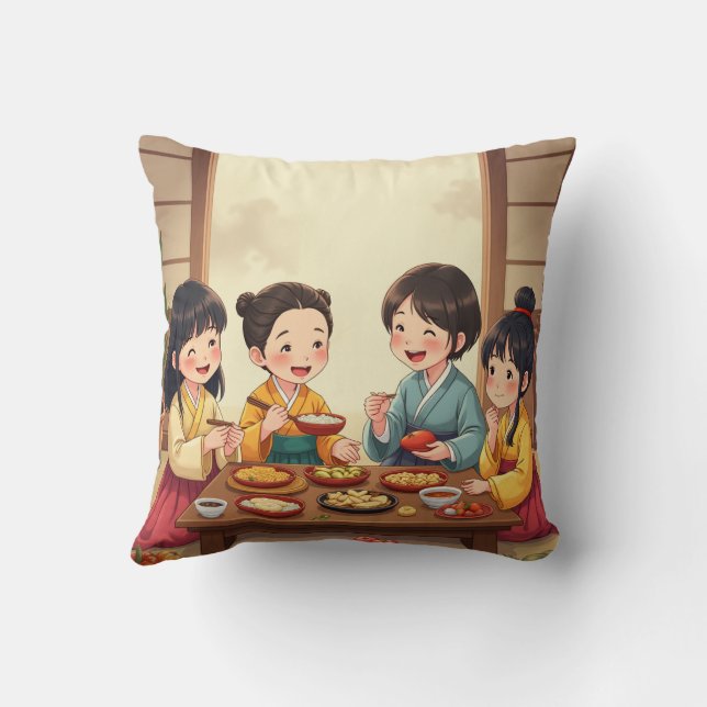 Chuseok food and table setting throw pillow (Back)