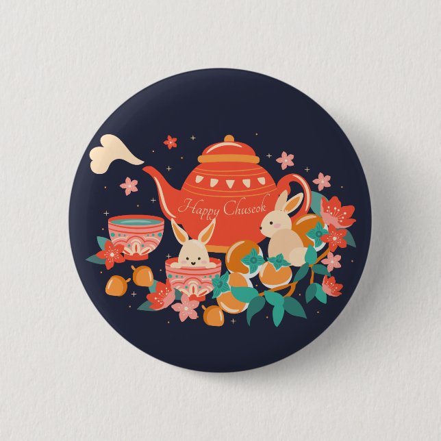 Chuseok Mid-Autumn Festival Teapot and Bunnies 2 Inch Round Button (Front)