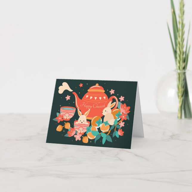 Chuseok Mid-Autumn Festival Teapot and Bunnies Holiday Card (Front)
