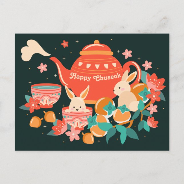 Chuseok Mid-Autumn Festival Teapot and Bunnies Postcard (Front)