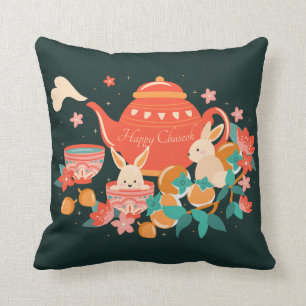 Chuseok Mid-Autumn Festival Teapot and Bunnies Throw Pillow