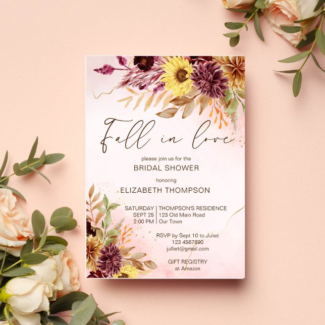 Chute amoureuse automne nuptiale invitation (Fall in love autumn bridal shower yellow brown foliage sunflowers watercolor invitation template)