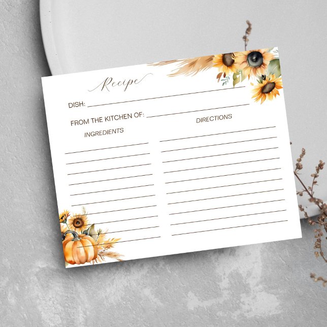 Chute en amour boho citrouille carte de recette de (Fall in love boho pumpkin sunflowers pampas grass bridal shower recipe card)