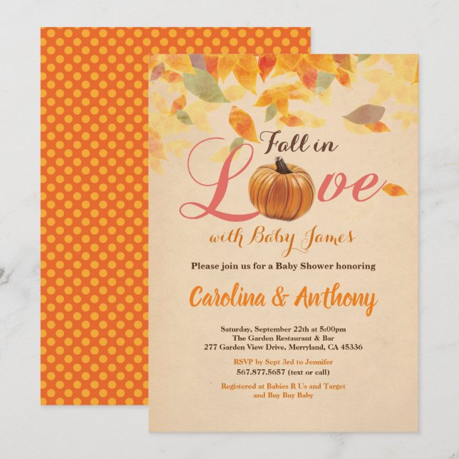 Chute en amour citrouille invitation baby shower r (Devant / Derrière)