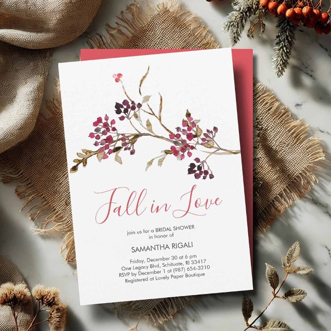 Chute en amour Invitations de douche nuptiale (Fall in Love bridal shower invitation featuring rustic watercolor red and burgundy botanicals)