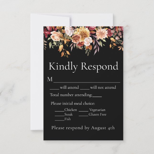 Chute Folial Floral Black Réponse du Mariage RSVP (Devant)