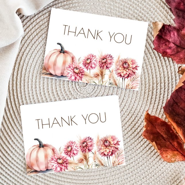 Chute thème boho nuptiale douche mariage merci (Fall themed bridal shower wedding thank you cards boho desrt dusty pink pumpkin dahlias autumn theme)