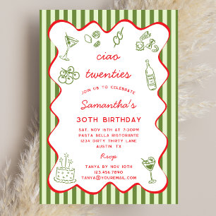 Ciao 20s Italian Pasta Dinner 30th Birthday Party  Invitation