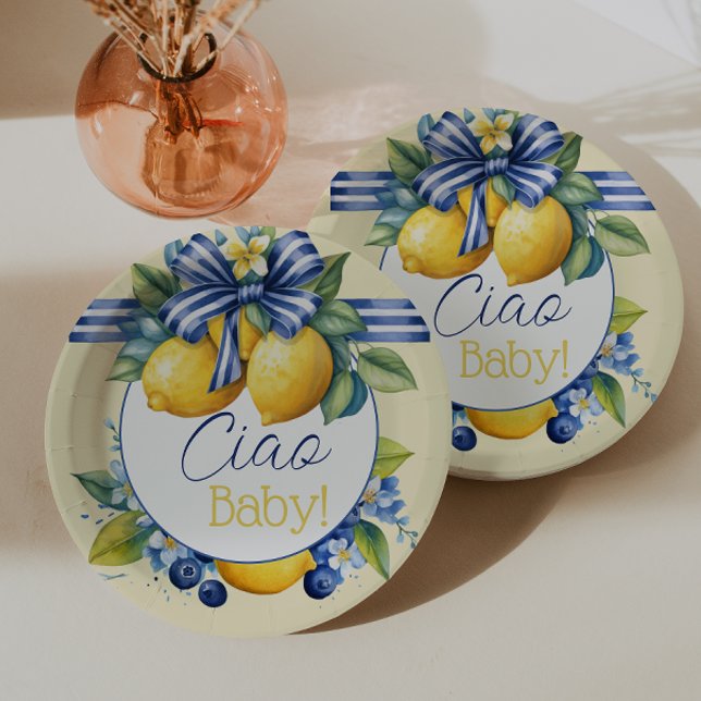 Ciao Baby Blue Bow Tile Lemon Baby Shower Paper Plate (Creator Uploaded)