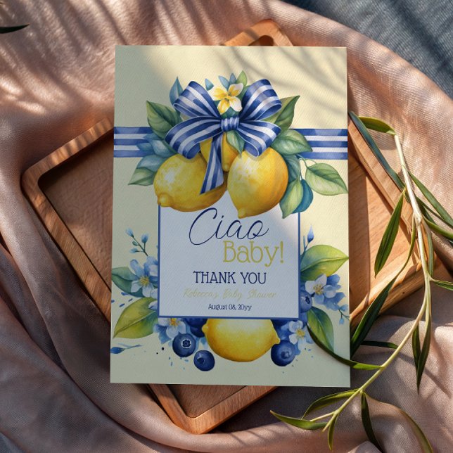 Ciao Baby Blue Bow Tile Lemon Baby Shower Thank You Card (Creator Uploaded)