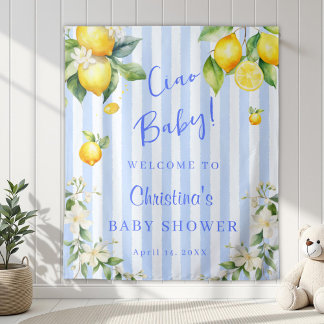 Ciao Baby Blue Citrus Lemons Baby Shower Backdrop Tapestry