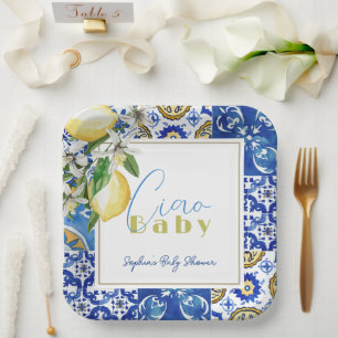 Ciao Baby Blue Tile Citrus Lemon Baby Shower Paper Plate