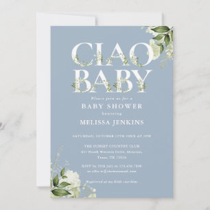 Ciao Baby Greenery Letter Dusty Blue Baby Shower Invitation