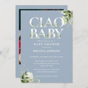 Ciao Baby Greenery Photo Dusty Blue Baby Shower Invitation