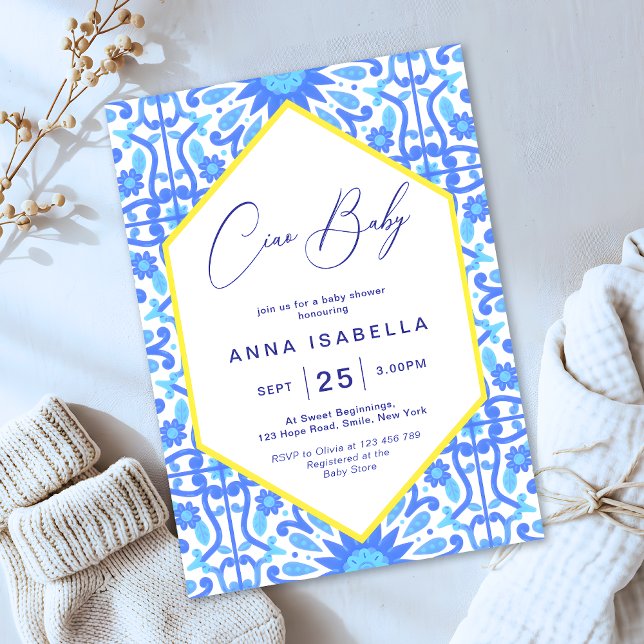 Ciao Baby Italian Blue Tile Yellow Baby Shower Invitation (Creator Uploaded)