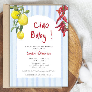 Ciao Baby Italian Lemons Blue Stripes Baby Shower Invitation
