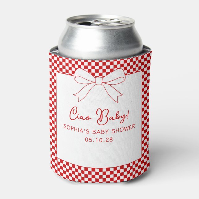 Ciao Baby! Italian Red GIngham Bow Baby Shower Can Cooler (Can Front)