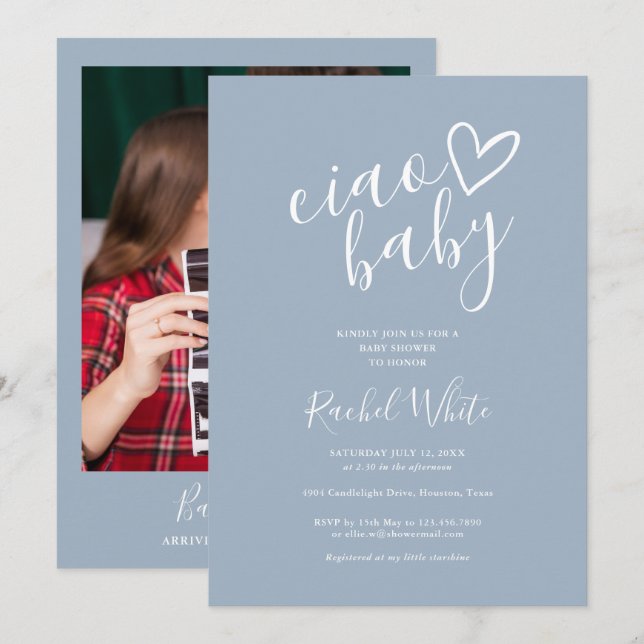Ciao Baby Shower Heart Dusty Blue Minimalist Photo Invitation (Front/Back)