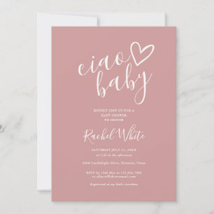 Ciao Baby Shower Heart Dusty Rose Pink Minimalist Invitation