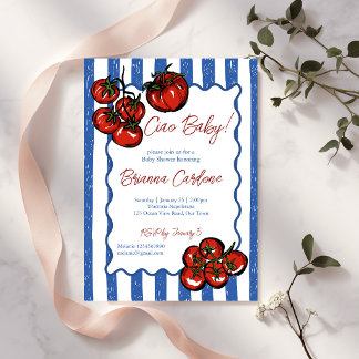 Ciao baby tomato blue stripes Italian baby shower Invitation