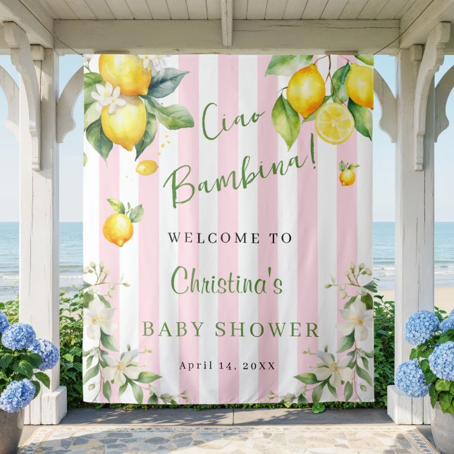 Ciao Bambina Baby Shower Pink Lemons Backdrop Tapestry (Cuao Bambina Baby shower Pink Stripe and citrus lemon backdrop)
