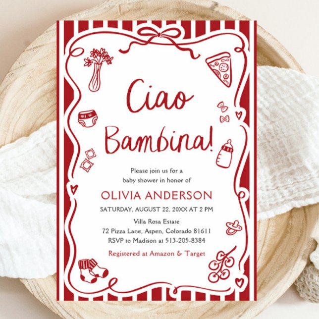 Ciao Bambina Girl Whimsical Italian Baby Shower Invitation (Watercolor Ciao Bambina Girl Whimsical Italian Baby Shower Invitation)