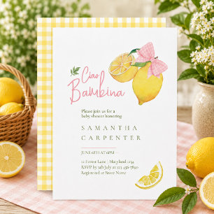 Ciao bambina pink bow lemon baby shower invitation