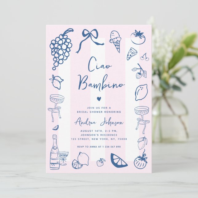 Ciao Bambino Fun Italian Hand Drawn Bridal Shower Invitation (Standing Front)