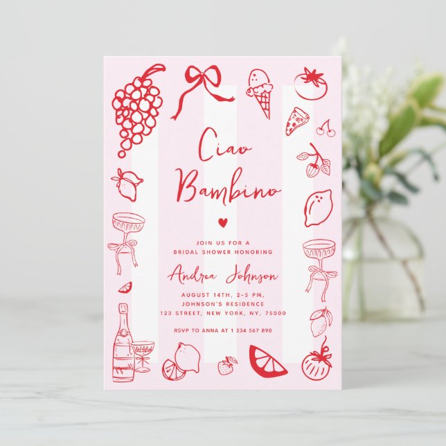 Ciao Bambino Fun Italian Hand Drawn Bridal Shower Invitation (Standing Front)