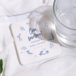 Ciao Bambino Italian Blue Boy Baby Shower Square Paper Coaster<br><div class="desc">Baby shower coasters to match our Ciao Bambino Italian Blue Boy Baby Shower collection. This coaster features a frame of watercolor Italian summer elements. The hand-painted frame includes lemons, tomatoes, starfish, a Vespa, a sailboat, a beach umbrella, and other Mediterranean illustrations. Ideal for an Italian-themed summer baby shower. Add a...</div>