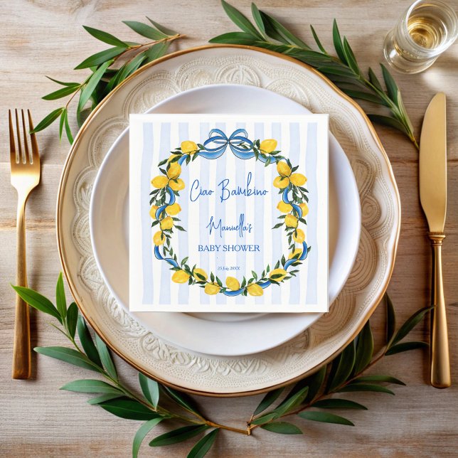 Ciao bambino lemons Italian baby shower custom Napkin (Ciao bambino lemons blue ribbon stripped Italian baby shower custom Napkins personalized table decor)