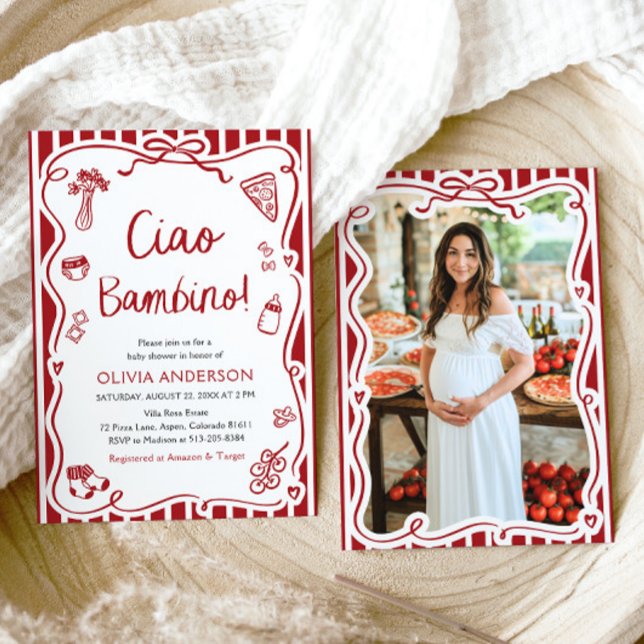 Ciao Bambino Whimsical Italian Pizza Baby Shower Invitation (Watercolor Ciao Bambino Whimsical Italian Pizza Baby Shower Invitation)
