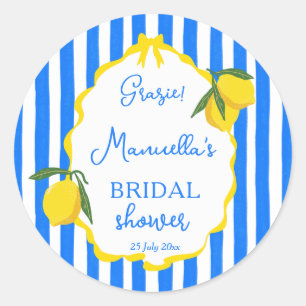 Ciao bella blue stripes lemons bridal shower favou classic round sticker