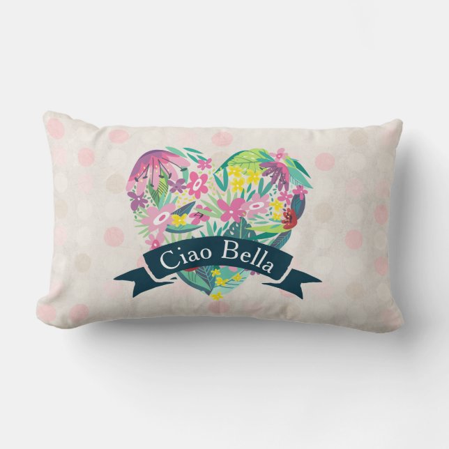 Ciao Bella Cute Floral Heart on Pink Circles Lumbar Pillow (Front)