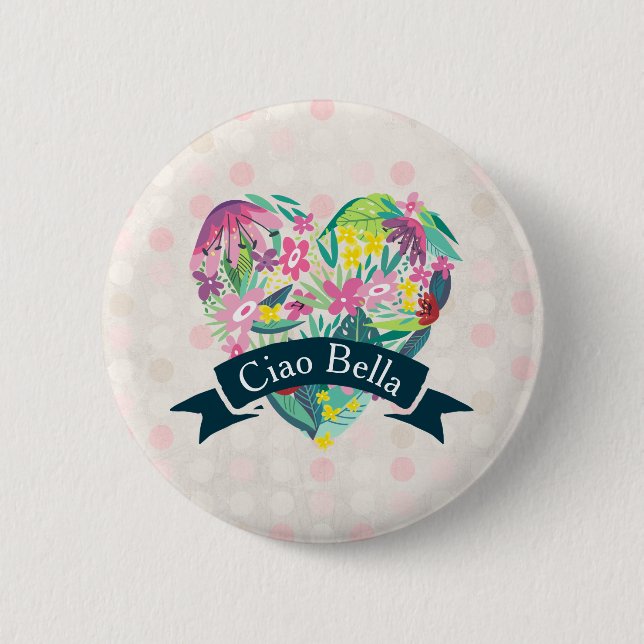 Ciao Bella Cute Floral Heart with Tropical Flowers 2 Inch Round Button (Front)
