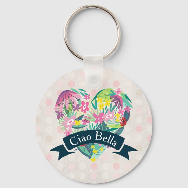 Ciao Bella Cute Floral Heart with Tropical Flowers Keychain (Front)