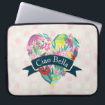 Ciao Bella Cute Floral Heart with Tropical Flowers Laptop Sleeve<br><div class="desc">A laptop sleeve with customizable text which says: "Ciao Bella" written in curved text inside a blue green ribbon layered over top a whimsical heart filled with tropical flowers and leaves in pink, green and yellow colours. The background is a faint pattern with circles in light pink and white. Summery...</div>